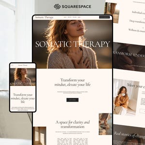 Op de afbeelding: Een website-ontwerpsjabloon voor Somatic Therapy weergegeven op een desktopmonitor en een mobiele telefoon. De lay-out bevat een neutraal kleurenpalet, schreef-typografie en afbeeldingen van een persoon met gesloten ogen, inclusief de tekst Somatic Therapy.