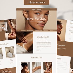 May include: A website design for a beauty studio, featuring a woman's face and body. The website's color scheme is a combination of white and brown. The website's text includes "Beauty Studio", "Beauty Space", "Treatments", and "Face Treatment".