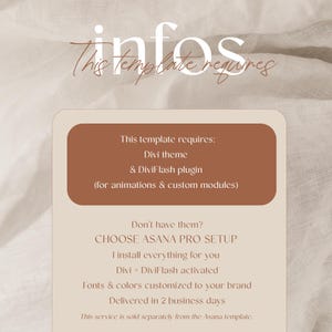 Peut inclure: Graphique beige avec les mots "infos" et "This template requires". Le texte d&eacute;taille le th&egrave;me Divi et le plugin DiviFlash. Un texte suppl&eacute;mentaire propose un service Asana Pro Setup, incluant l'installation et la personnalisation.