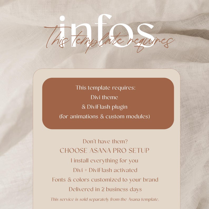 Peut inclure: Graphique beige avec les mots "infos" et "This template requires". Le texte d&eacute;taille le th&egrave;me Divi et le plugin DiviFlash. Un texte suppl&eacute;mentaire propose un service Asana Pro Setup, incluant l'installation et la personnalisation.