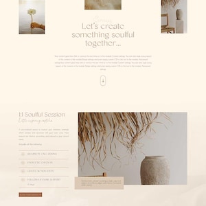 Peut inclure: Conception de site web aux tons neutres, avec des images d'une femme, d'une fleur et d'un vase. Le texte comprend "Let's create something soulful together..." et des d&eacute;tails sur les services.