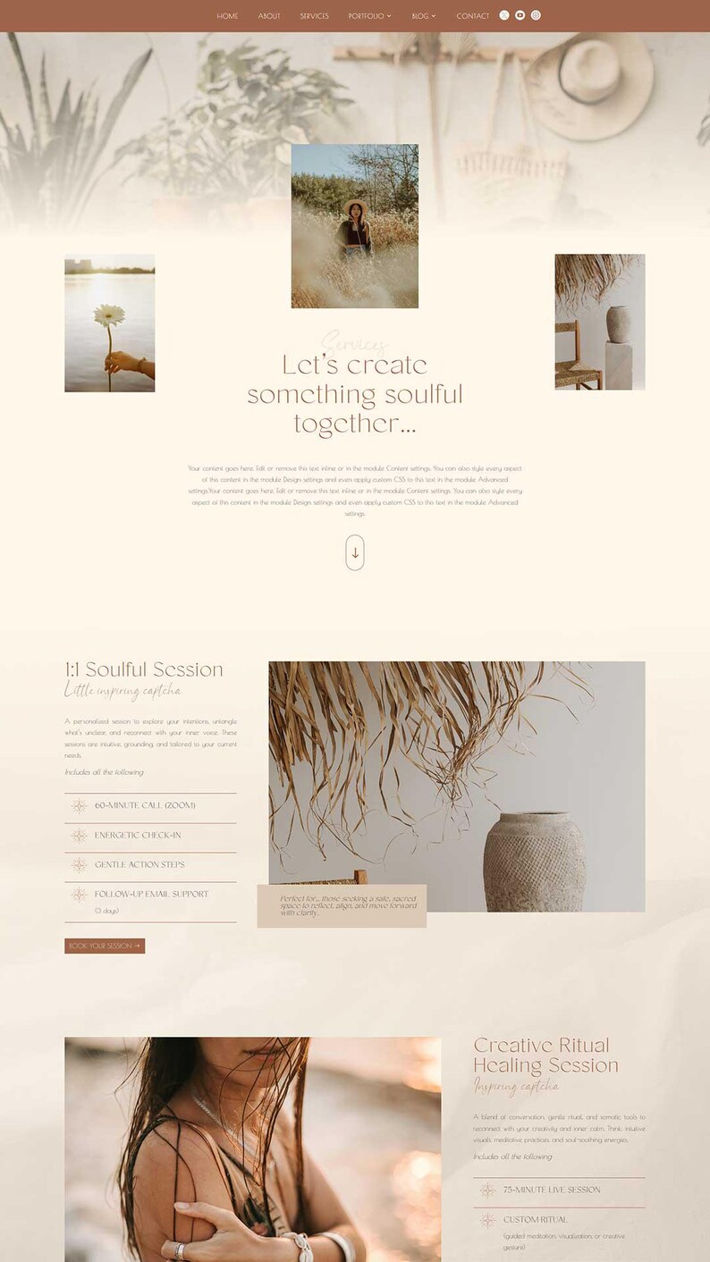 Peut inclure: Conception de site web aux tons neutres, avec des images d'une femme, d'une fleur et d'un vase. Le texte comprend "Let's create something soulful together..." et des d&eacute;tails sur les services.