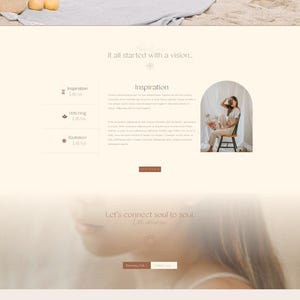 Peut inclure: Conception de site web avec le mot "asana" dans une police &eacute;l&eacute;gante. Le th&egrave;me du site est une palette neutre et apaisante avec des images de la nature et de personnes. Le site comprend des sections pour les services, l'inspiration et un blog.