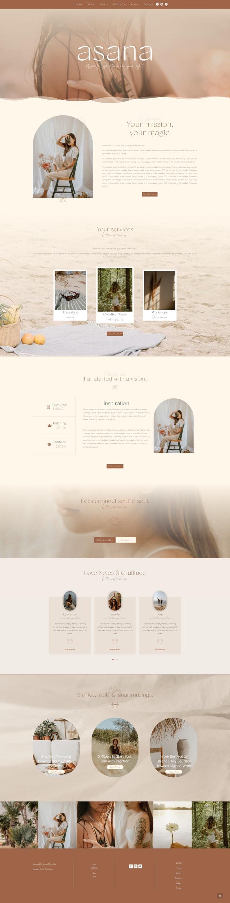 Peut inclure: Conception de site web avec le mot "asana" dans une police &eacute;l&eacute;gante. Le th&egrave;me du site est une palette neutre et apaisante avec des images de la nature et de personnes. Le site comprend des sections pour les services, l'inspiration et un blog.