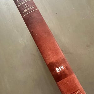 May include: A vintage book with a worn, reddish-brown cover. The spine displays the title "AMONG MY BOOKS" and the author's name, "LOWELL," in embossed lettering. The number "814" is printed on the cover. The book is slightly angled, suggesting it is lying on a surface.