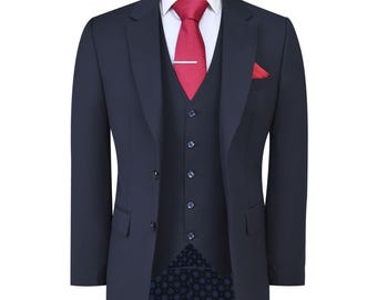 Men&#39;s Navy Blue 3-Piece Suit | Classic Fit Cotton Blend | Formal Business and Wedding Attire | Notch Lapel Blazer, Vest and Trousers