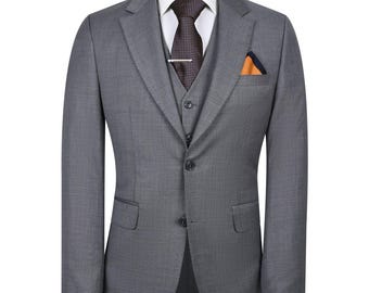 Men’s Grey Three Piece Suit, Classic Fit Cotton Blend, Formal Wedding Vest Suit, Business Outfit Solid Blazer and Trousers Set