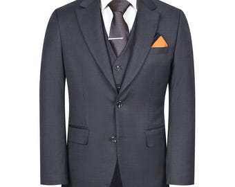 Men’s Charcoal Three Piece Suit | Classic Fit Cotton Blend | Formal Wedding Suit with Vest | Business Blazer and Trouser Set