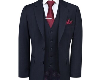 Men&#39;s Navy Blue 3-Piece Suit | Classic Fit Cotton Blend | Wedding, Formal & Business Attire | Blazer, Waistcoat, Trousers