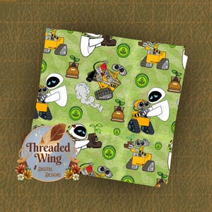 May include: Green fabric with a repeating pattern of Wall-E and Eve characters from the animated film. The design includes Wall-E robots, Eve robots, plants, and brown pots. The fabric has a cartoon style.