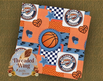 May include: A patchwork design featuring Oklahoma City Thunder logos, basketballs, hearts, and stars. The design incorporates orange, blue, and white colors, with the Nike logo and the text "Threaded Wing Digital Designs".