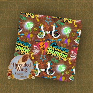 May include: A square digital design featuring a brick wall background with graffiti art. The pattern includes cartoon geese wearing baseball caps and jackets on skateboards, neon green duck icons, angel wings, and the text Goose Bumps in blue and yellow.