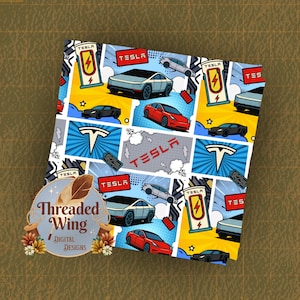 May include: A digital pattern featuring Tesla vehicles, charging stations, and the Tesla logo in a comic book style. The design includes red, silver, and black cars, yellow and blue backgrounds, lightning bolts, and battery icons with the text Tesla.