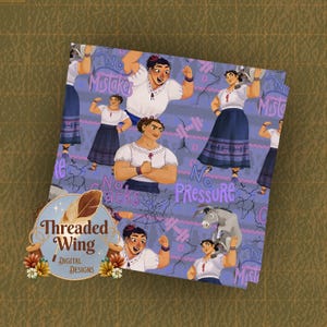 May include: A patterned fabric featuring illustrations of a woman in a white blouse and blue skirt, with the text "No Mistakes" and "No Pressure" on a purple background. The fabric also includes a logo that says "Threaded Wing Digital Designs."