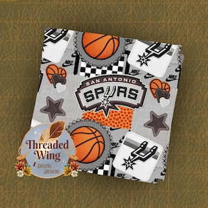 May include: A fabric pattern featuring the San Antonio Spurs logo, basketballs, black and white checkered squares, stars, and Nike logos. The design includes orange basketball graphics, grey textured backgrounds, and heart shapes in a repeating layout.