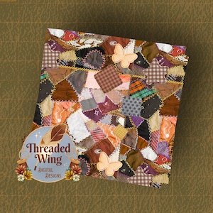 May include: A square fabric piece featuring a patchwork design of various brown, orange, purple, and white textile scraps. The patches are joined by visible yellow and white zigzag stitching and include two light yellow butterfly-shaped fabric appliques.