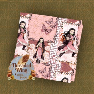 May include: A digital fabric design featuring a repeating pattern of a female anime character with long dark hair, wearing a pink kimono and a bamboo muzzle. The background includes pink geometric patterns, butterflies, and clouds.