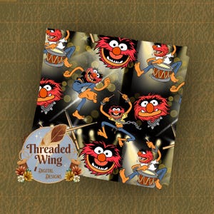 May include: Fabric with a repeating pattern of the Muppet character Animal. The design features Animal playing drums and posing against a black background with stage lights. The fabric has the "Threaded Wing Digital Designs" logo.