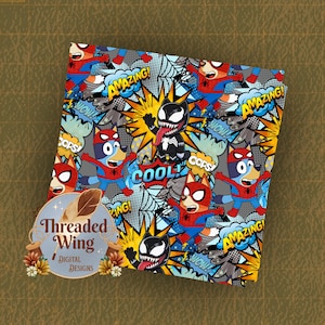 May include: A colorful fabric featuring a repeating pattern of cartoon characters, including a blue dog in a Spider-Man costume, a black and white creature, and Spider-Man. Comic book style speech bubbles with words like "Amazing!" and "Cool!" are also present.