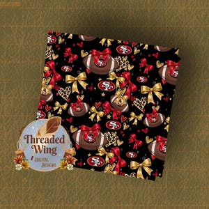 May include: A black fabric pattern featuring brown footballs with the San Francisco 49ers logo, red and gold bows, leopard print hearts, and small red hearts. A circular logo with a feather and the text Threaded Wing Digital Designs is visible.