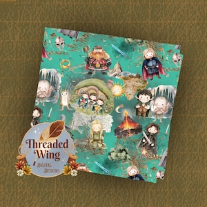 May include: A teal fabric with a map design featuring illustrations of characters and elements from a fantasy world. The fabric includes images of a hobbit hole, a dwarf, and other figures. The text "Threaded Wing Digital Designs" is also visible.