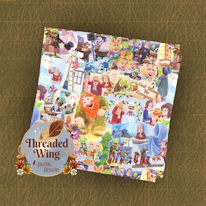 May include: A detailed collage with numerous characters and scenes. The image includes the text "God Bless Us Everyone" and the logo "Threaded Wing Digital Designs". The artwork is a vibrant mix of illustrations and characters.