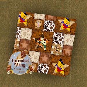 Può includere: Un design patchwork con personaggi dei cartoni animati, stelle e poster "Wanted". Il design incorpora quadrati marroni, beige e bianchi con immagini di Winnie the Pooh e Tigro. Il logo "Threaded Wing Digital Designs" si trova nell'angolo in basso a sinistra.