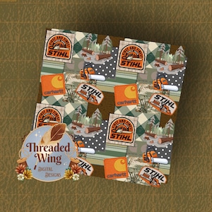 May include: A digital pattern featuring a repeating patchwork design of Stihl chainsaw logos, Carhartt logos, and forest scenes with trees and logs. The background includes dark green, light green, and white polka dot squares with a watermark logo.