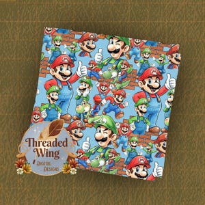 May include: A patterned fabric featuring cartoon characters Mario and Luigi, with Yoshi, on a light blue background. The design includes brick wall elements. The fabric is from Threaded Wing Digital Designs.