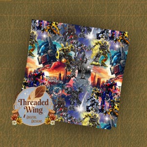 May include: A vibrant digital design showcasing Transformers characters. The design features Optimus Prime, Bumblebee, and other Autobots and Decepticons set against a cityscape and sunset backdrop. The design is from Threaded Wing Digital Designs.