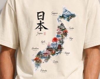 Comfort kleuren Japan kaart shirt, Japans reizen T-shirt, Japan Cities T-shirt, Tokio Kyoto Osaka T-shirt, Japanse cultuur cadeau, schattig Japan kaart T-shirt