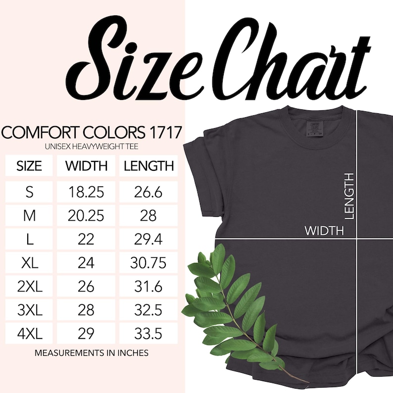 Op de afbeelding: Een maattabel voor een zwaar unisex T-shirt Comfort Colors 1717. De tabel toont breedte- en lengtematen in inches voor de maten S tot 4XL. Een donkergrijs T-shirt wordt getoond met witte lijnen die aangeven waar de breedte en lengte worden gemeten.