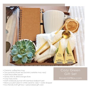 K&ouml;nnte beinhalten: Eine Geschenkbox gef&uuml;llt mit einer wei&szlig;en Keramiktasse, einer kleinen Sukkulentenpflanze, einem wei&szlig;en Handtuch, zwei Teebeuteln, einem goldenen L&ouml;ffel, einem Notizbuch und einem Stift. Die Box ist aus braunem Kraftpapier und hat ein wei&szlig;es Band darum gebunden. Der Text "Cozy Green Gift Set" und "HavenGiftBox.com" ist auf der Box aufgedruckt.