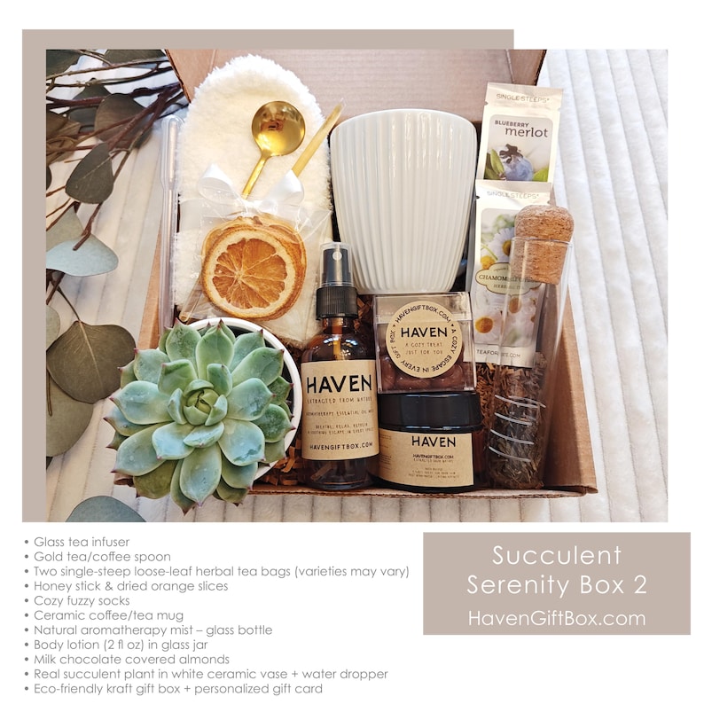K&ouml;nnte beinhalten: Eine Geschenkbox gef&uuml;llt mit Selbstpflegeartikeln, darunter eine wei&szlig;e Keramiktasse, eine Glasflasche mit K&ouml;rperlotion, eine kleine Sukkulente, ein Glas-Tee-Infuser, ein goldener L&ouml;ffel, getrocknete Orangenscheiben und Teebeutel. Die Box ist mit "Succulent Serenity Box 2" und "HavenGiftBox.com" beschriftet.