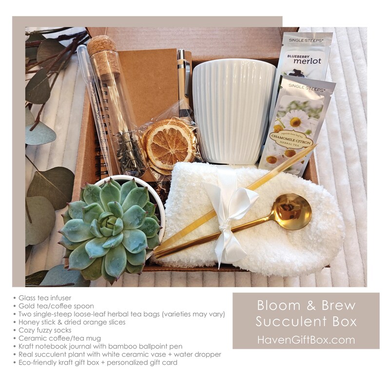 K&ouml;nnte beinhalten: Eine Geschenkbox gef&uuml;llt mit Artikeln f&uuml;r ein entspannendes und gem&uuml;tliches Erlebnis. Die Box enth&auml;lt eine Sukkulente, eine wei&szlig;e Keramiktasse, einen goldenen L&ouml;ffel, einen Tee-Infuser, Teebeutel, einen Honigstab, getrocknete Orangenscheiben, ein Notizbuch, einen Stift und flauschige Socken. Die Box ist aus Kraftpapier und hat eine personalisierte Geschenkkarte.
