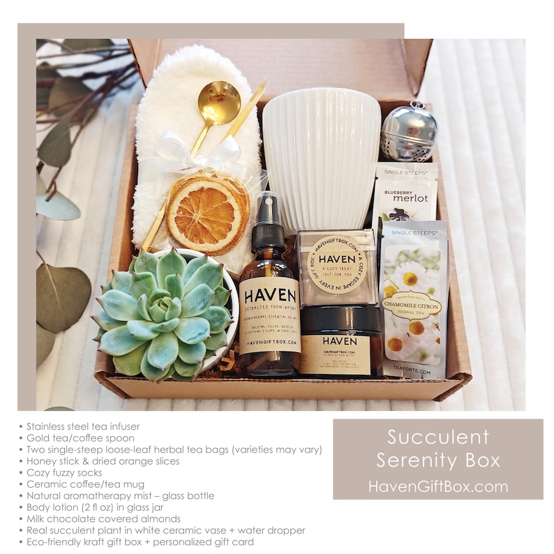 K&ouml;nnte beinhalten: Eine Geschenkbox gef&uuml;llt mit Selbstpflegeartikeln, darunter eine wei&szlig;e Keramiktasse, eine Sukkulente, eine Flasche &auml;therisches &Ouml;l, ein Glas K&ouml;rperlotion, Teebeutel, ein Tee-Infuser und ein goldener L&ouml;ffel. Die Box ist mit "Succulent Serenity Box" und "HavenGiftBox.com" beschriftet.
