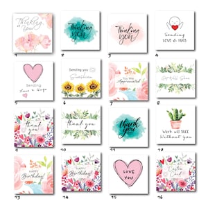 K&ouml;nnte beinhalten: Ein Satz von 16 druckbaren Gru&szlig;karten mit Aquarelldesigns. Die Karten zeigen verschiedene Botschaften, darunter "Ich denke an dich", "Ich schicke Liebe und Umarmungen", "Alles Gute zum Geburtstag", "Danke" und "Du wirst gesch&auml;tzt".