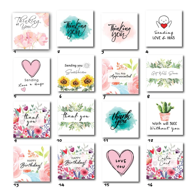 K&ouml;nnte beinhalten: Ein Satz von 16 druckbaren Gru&szlig;karten mit Aquarelldesigns. Die Karten zeigen verschiedene Botschaften, darunter "Ich denke an dich", "Ich schicke Liebe und Umarmungen", "Alles Gute zum Geburtstag", "Danke" und "Du wirst gesch&auml;tzt".
