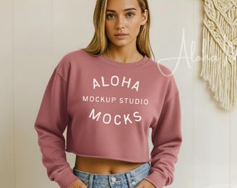 Mauve Crop Sweatshirt Mockup: Bella Canvas 7503 (JPG Digital Download)