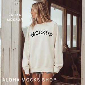 Ivory Comfort Colors 1466 Sweatshirt Mockup: Beach House Surf Setting (Digital Download) image 1