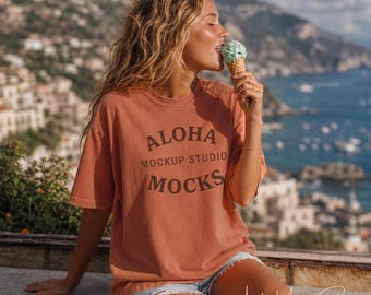 Yam Comfort Colors 1717 Mockup: Coastal Ice Cream Setting (Instant Download)