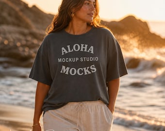 Plus Size Model Comfort Colors 1717 Pepper Tshirt Mockup: Sunset Beach Setting (Digital Download)