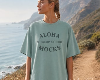 Bay Comfort Colors 1717 Mockup: Coastal Hiking Lifestyle Setting (Instant Download)