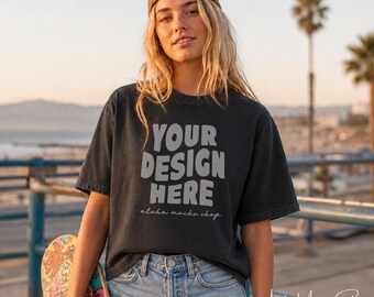 Black Comfort Colors 1717 Mockup: Coastal Skateboard Setting (Instant Download)
