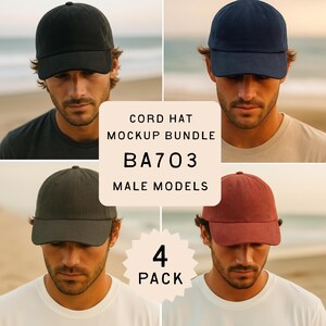 May include: A mockup bundle of four corduroy hats in black, navy, olive green, and burgundy. The hats are displayed on male models. The text on the image reads "CORD HAT MOCKUP BUNDLE BA703 MALE MODELS 4 PACK."