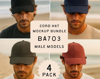 Vintage Corduroy Hat Mockup Bundle - BA703 - Male Model Beach Setting (JPG Digital Download)