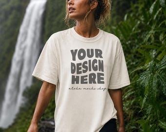 Ivory Comfort Colors 1717 Mockup: Hiking Waterfall Lifestyle Setting (Instant Download)