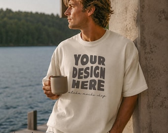 Male Model Comfort Colors 1717 Mockup in Ivory: Lakehouse Setting (Digital Download)