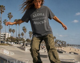 Pepper Comfort Colors 1717 Mockup: Coastal Skatepark Skateboard Setting (Instant Download)