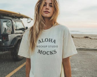 Comfort Colors 1717 Ivory Tee Mockup: Surf Beach Setting (Digital Download)